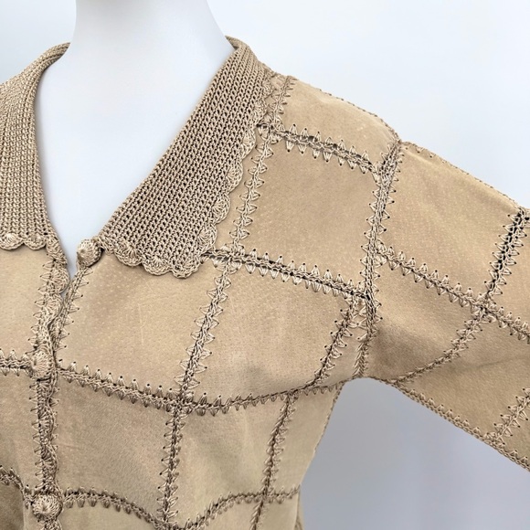 KROSHETTA BY PAPILLON Vintage Suede Crochet Patchwork Jacket Tan - Picture 10 of 10